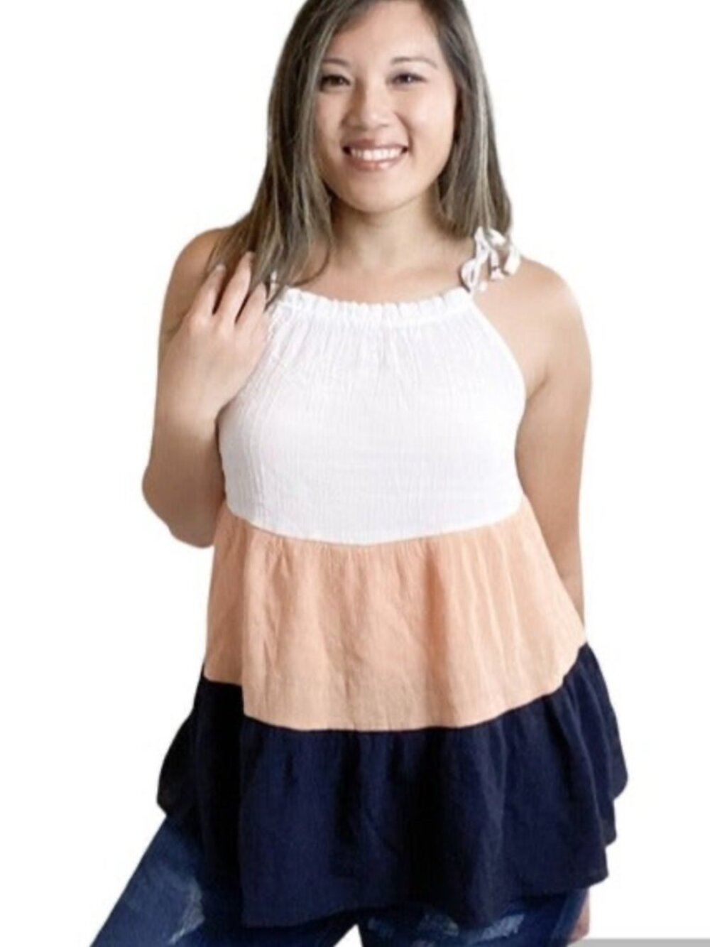 Sleeveless Colorblock Top with Shoulder Tie Straps